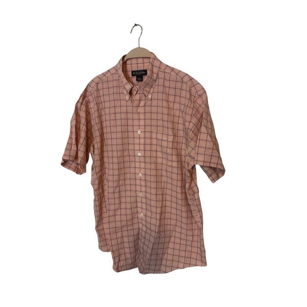 Brooks Brothers Button Down Shirt Large Short Sleeve Orange Plaid Cotton‎